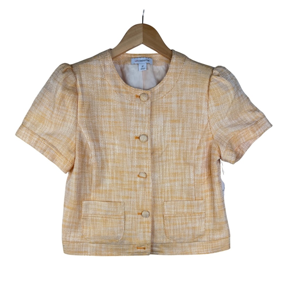 New Liz Claiborne Classic Fit Short Sleeve Blazer size 4 Petite Yellow/White